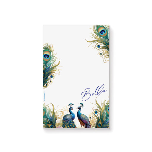 Personalized peacock-themed notepad with two elegant peacocks, a stylish stationery choice for women.