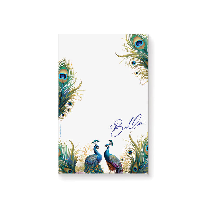 Personalized peacock-themed notepad with two elegant peacocks, a stylish stationery choice for women.