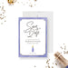 Lavender save the date card with a champagne bottle illustration for graduation party celebrations-front