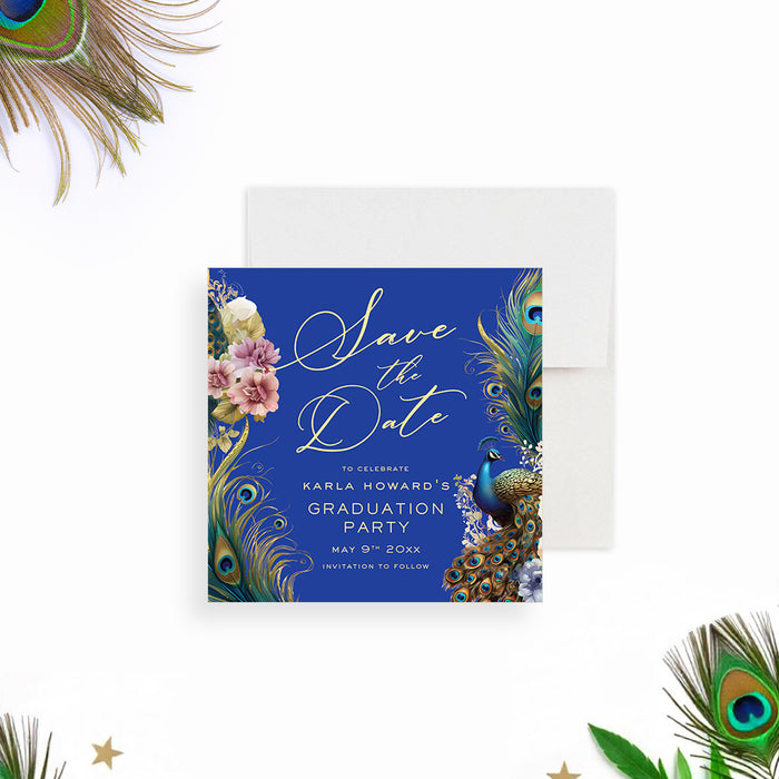 Royal blue save the date card featuring an elegant peacock illustration and floral design, perfect for graduation parties, birthdays, or milestone events.-front