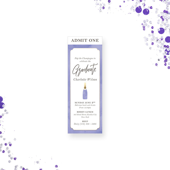 Ticket-style invitation with a champagne bottle illustration, personalized printed invite for elegant graduation celebrations.
