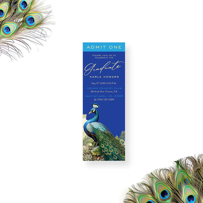 Royal blue ticket-style graduation invitation featuring a peacock and botanical design, elegant and unique for milestone celebrations.