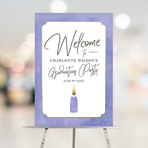 Lavender graduation welcome sign with champagne bottle design, elegant décor for grad party or milestone celebration
