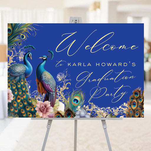 Graduation party welcome sign showcasing two majestic peacocks with floral illustrations, ideal for entrances, reception tables, or photo zones.