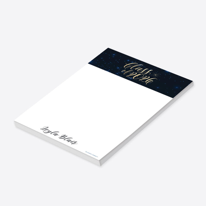 Personalized Class of 2026 graduation notepad with navy starry night celestial design-side