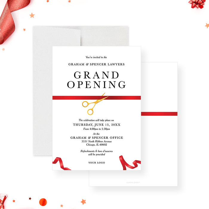 Grand Opening Business Invitation Card, Red Ribbon Cutting Ceremony Invitations, Company Launch Party Invites