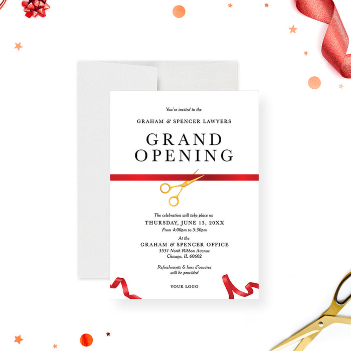 Grand Opening Business Invitation Card, Red Ribbon Cutting Ceremony Invitations, Company Launch Party Invites