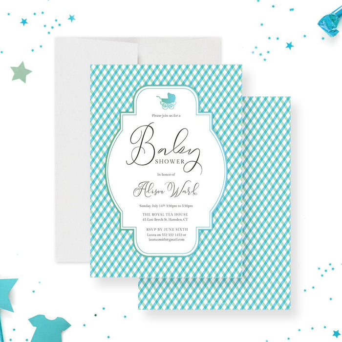 Green and blue gingham baby shower invitation with elegant frame and baby stroller illustration-front-back