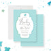 Green and blue gingham baby shower invitation with elegant frame and baby stroller illustration-front-back