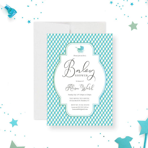 Green and blue gingham baby shower invitation with elegant frame and baby stroller illustration-front
