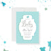 Green and blue gingham baby shower invitation with elegant frame and baby stroller illustration-front