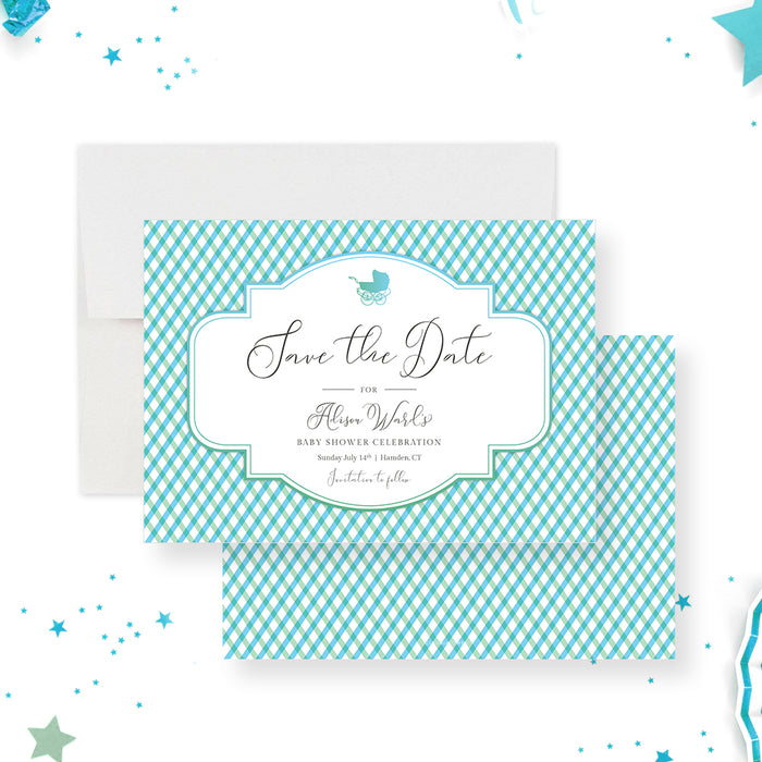 Baby shower save the date card with green blue gingham pattern and baby stroller icon-front-back