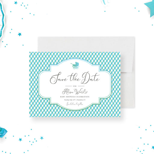 Baby shower save the date card with green blue gingham pattern and baby stroller icon-front