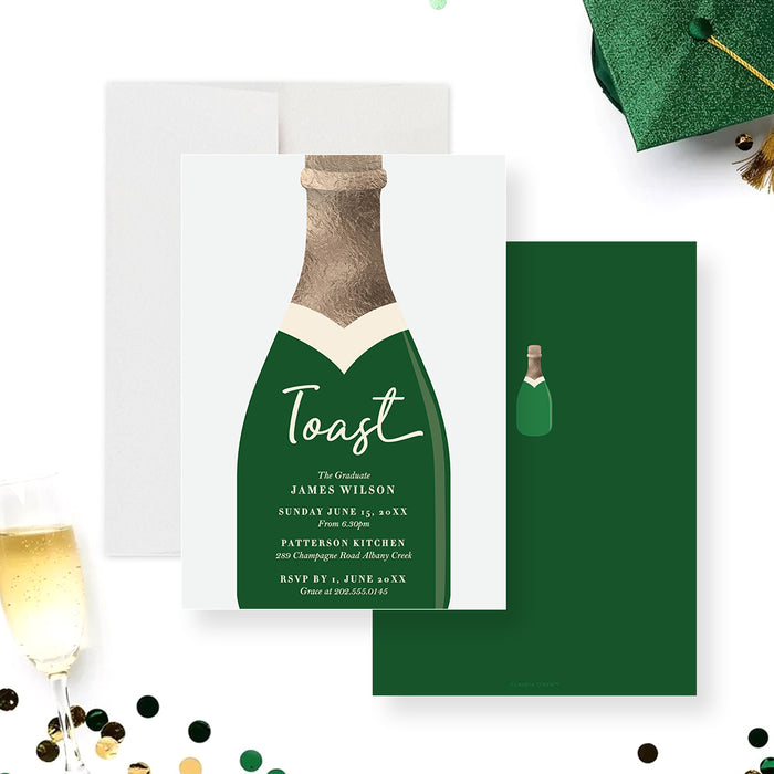 Personalized champagne bottle graduation party invitation with green bottle design and toast wording-front-back