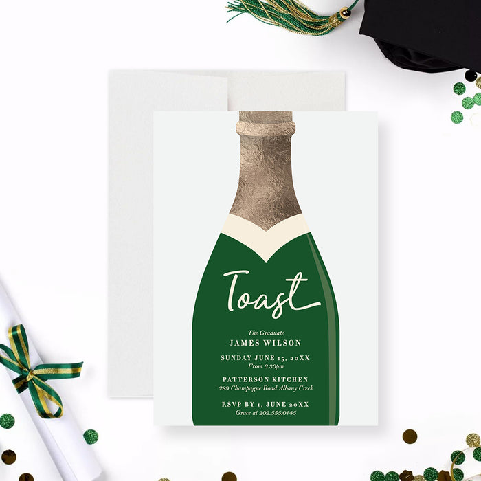 Personalized champagne bottle graduation party invitation with green bottle design and toast wording-front