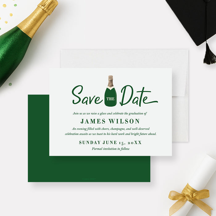 Personalized graduation save the date card with green champagne bottle design-front-back