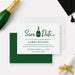 Personalized graduation save the date card with green champagne bottle design-front-back