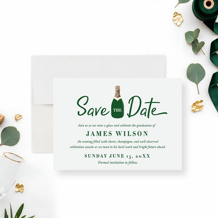 Personalized graduation save the date card with green champagne bottle design-front