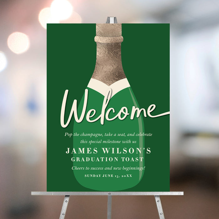 Personalized champagne bottle graduation party welcome sign with green bottle design and custom graduate wording