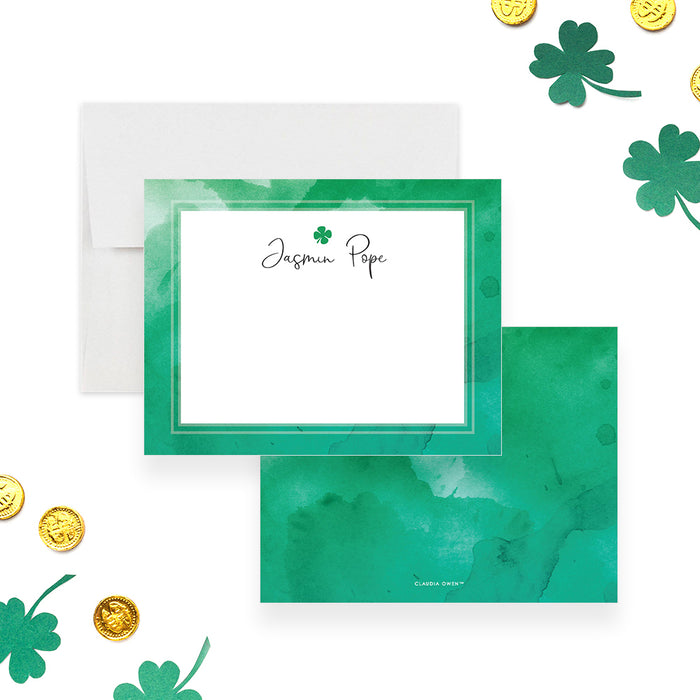Personalized St. Patrick’s Day note card with a green watercolor background and four-leaf clover-front-back