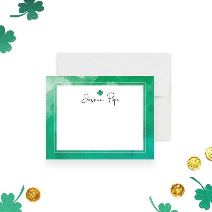 Personalized St. Patrick’s Day note card with a green watercolor background and four-leaf clover-front