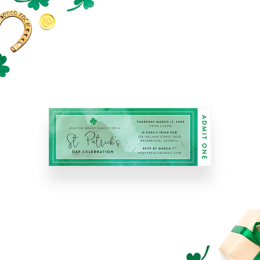 St. Patrick’s Day ticket invitation with a lush green watercolor background and four-leaf clover