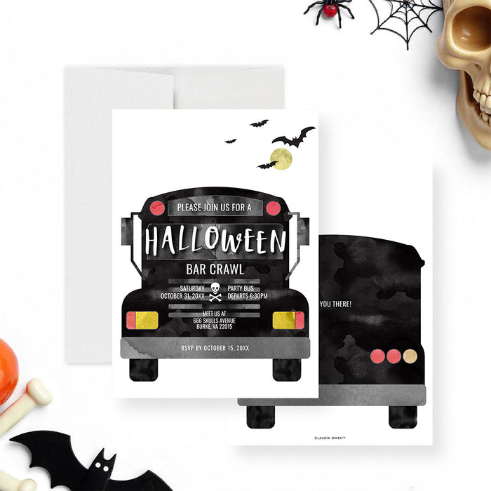 Halloween bar crawl invitation featuring a spooky party bus with bats, moon, and skull design-front-back