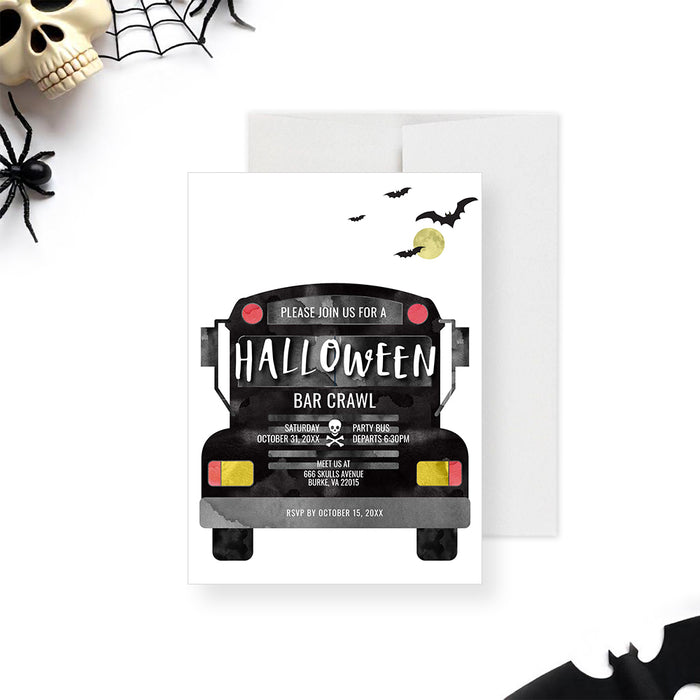 Halloween bar crawl invitation featuring a spooky party bus with bats, moon, and skull design-front