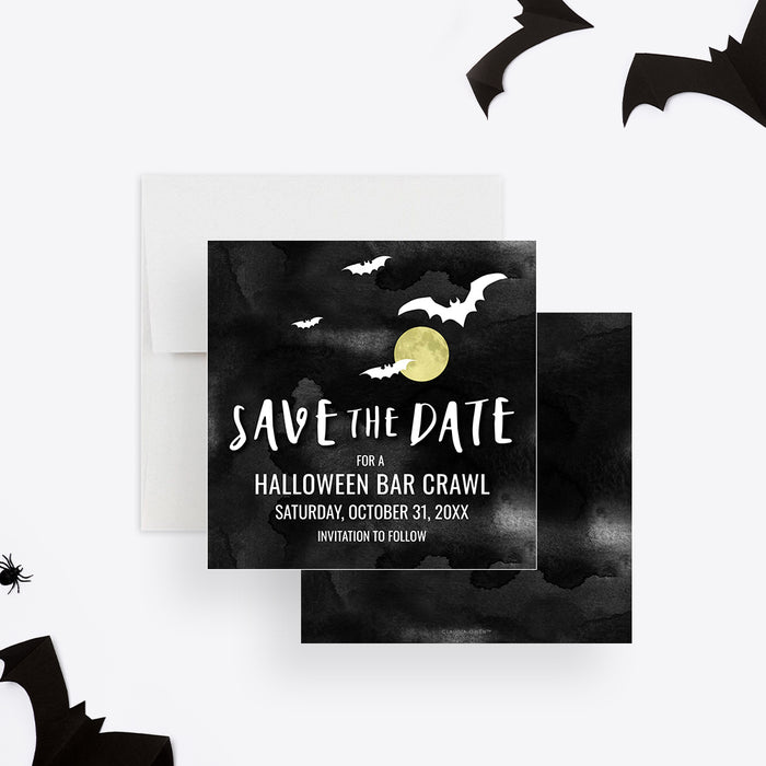 Halloween save the date card with a dark watercolor background featuring bats and a full moon, a spooky adult party pre-invitation-front-back