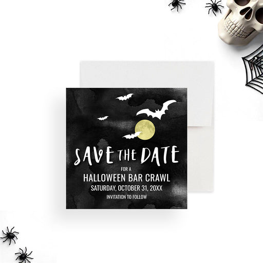 Halloween save the date card with a dark watercolor background featuring bats and a full moon, a spooky adult party pre-invitation-front