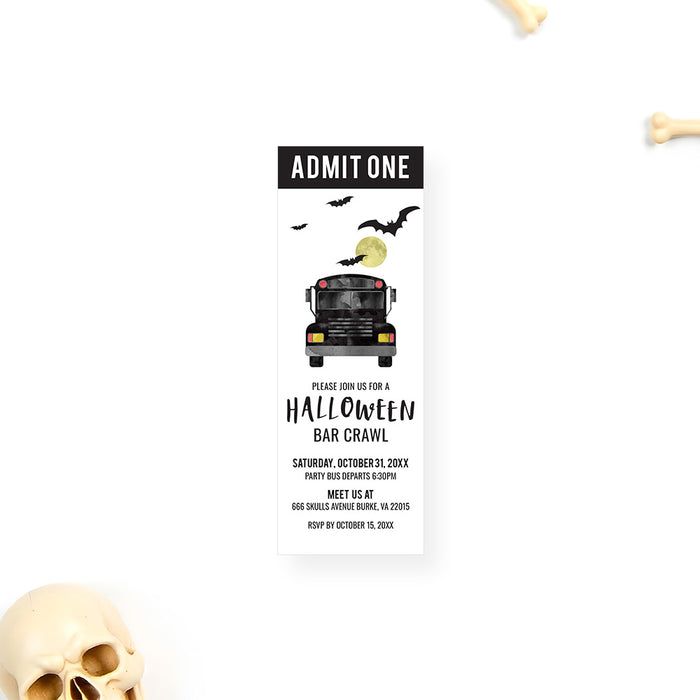 Halloween ticket invitation with bats, moon, and party bus design, printed adult bar crawl party pass