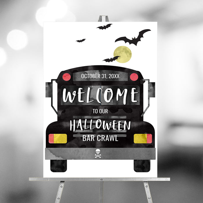 Halloween welcome sign featuring a black watercolor spooky party bus, bats, a moon, and a skull.