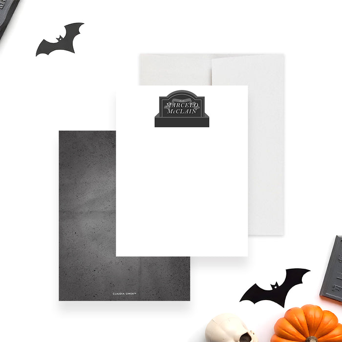Gothic note card with a dark tombstone design, ideal for a Halloween party thank-you gift.-front-back
