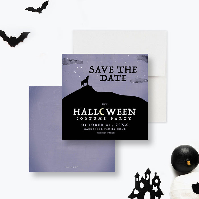 Halloween costume party save the date card with howling wolf silhouette on a hill, starry purple night sky, and personalized details-front-back