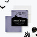 Halloween costume party save the date card with howling wolf silhouette on a hill, starry purple night sky, and personalized details-front-back