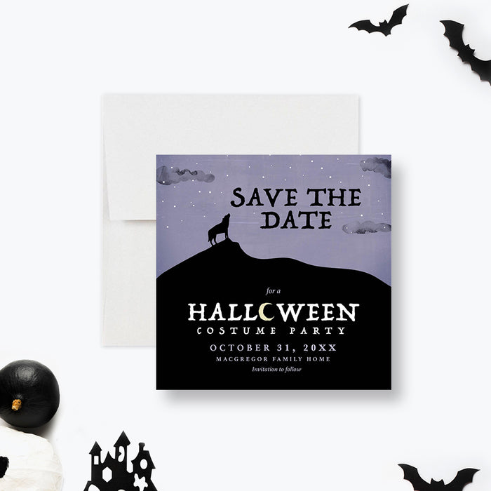 Halloween costume party save the date card with howling wolf silhouette on a hill, starry purple night sky, and personalized details-front