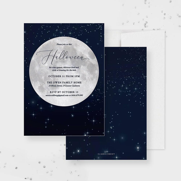 Full moon Halloween party invitation template in spooky night sky with glowing moon, stars, haunted silhouette background