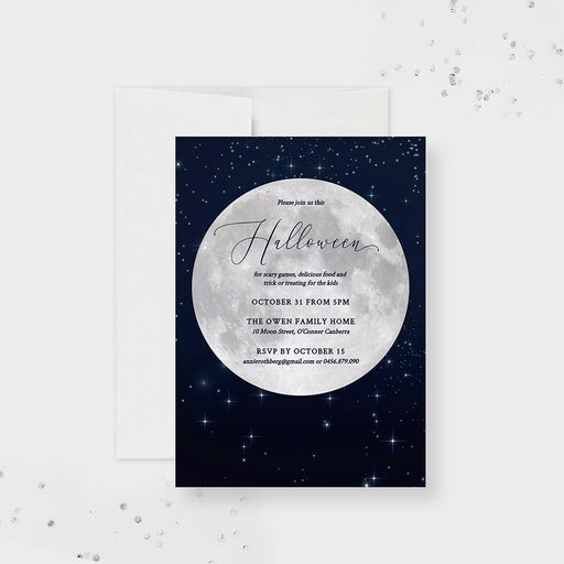Full moon Halloween party invitation template in spooky night sky with glowing moon, stars, haunted silhouette background