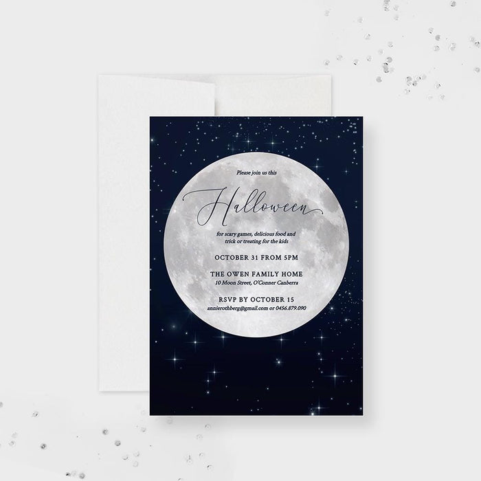 Full moon Halloween party invitation template in spooky night sky with glowing moon, stars, haunted silhouette background
