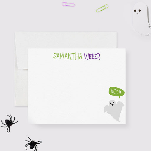 Personalized Halloween ghost note card with Boo text, fun spooky stationery.