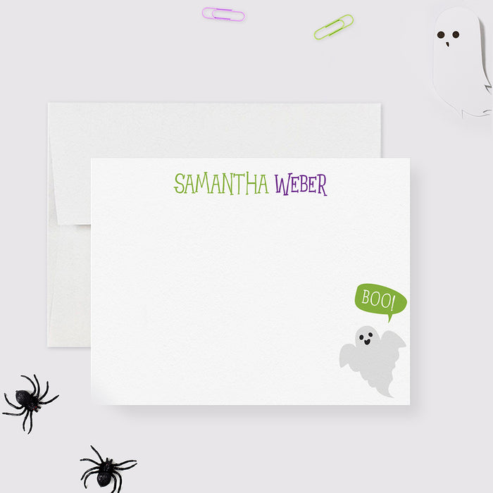 Personalized Halloween ghost note card with Boo text, fun spooky stationery.