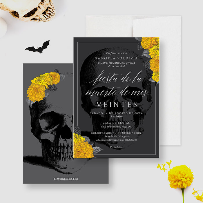 Gothic Halloween party invitation with marigolds and black background
