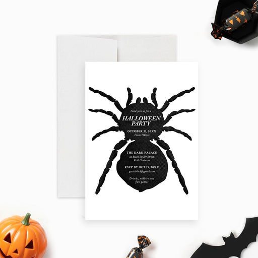 Halloween party invitation featuring a large black spider silhouette with elegant spooky design for a Halloween celebration-front