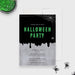 Halloween party invitation template with black background, spider web graphic and dripping spooky text style