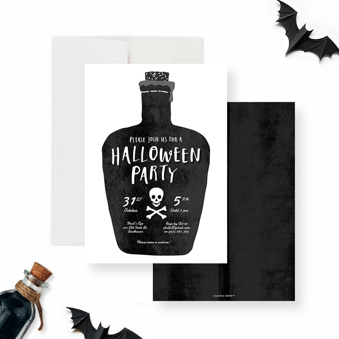 Halloween party invitation featuring a potion bottle with a skull and crossbones illustration, perfect for a spooky or haunting celebration.-front-back