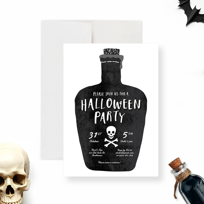 Halloween party invitation featuring a potion bottle with a skull and crossbones illustration, perfect for a spooky or haunting celebration.-front