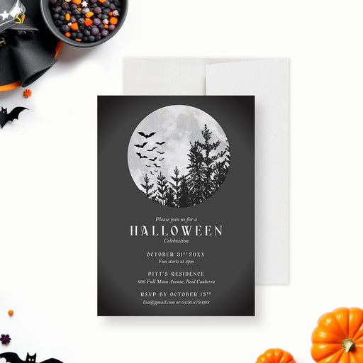 halloween party invitation spooky moon bats night celebration-front