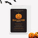 Halloween party invitation featuring a smiling jack-o’-lantern on a black background with orange and white text displaying event details.