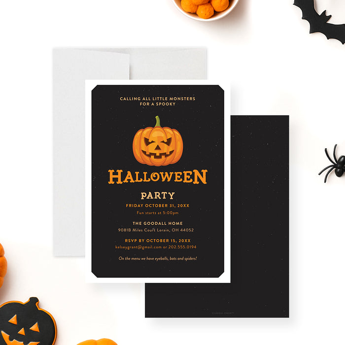 Spooky Halloween party invitation featuring an orange jack-o'-lantern on a black background, with orange text-front-back
