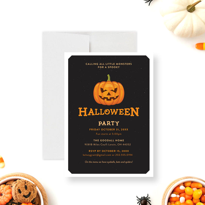 Spooky Halloween party invitation featuring an orange jack-o'-lantern on a black background, with orange text-front